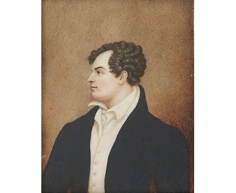 After George Henry Harlow - Portrait Miniature of Lord Byron, bust length in navy coat, ivory, 100 x 130mm, brass mounted pap