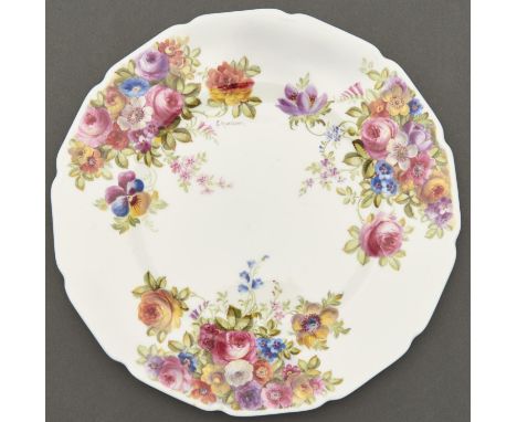 A Royal Doulton bone china plate, outside decorated, c1911, painted by C Harrison, signed, with three groups of colourful flo