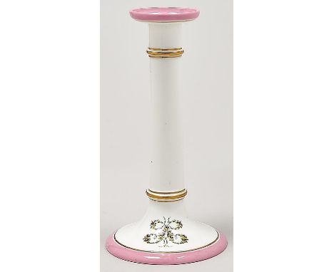 A Minton bone china bedroom candlestick, supplied to Dunrobin Castle, Scotland, c1890, painted with the initial S of Sutherla