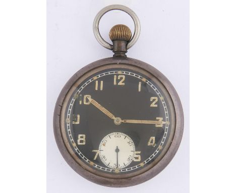 Military Timepiece. A WWII British Army issue nickel plated keyless lever watch, case back marked GS/TP broad arrow/S/017764 