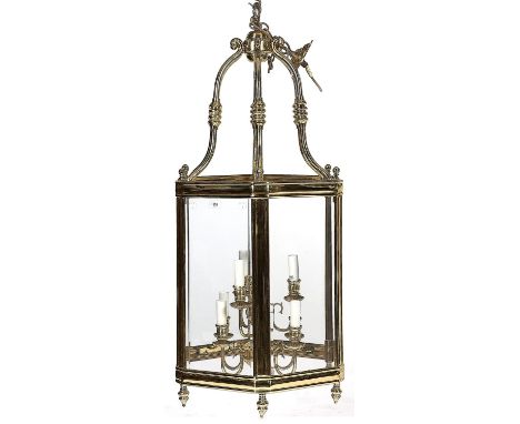 A Regency style hexagonal brass hall lantern, mid 20th c, 120cm h 