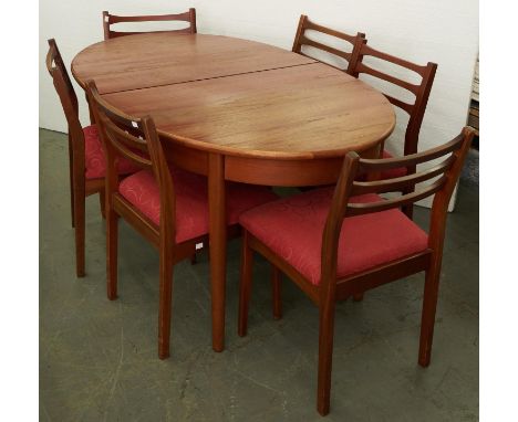 A teak extending dining table and set of six ladder back chairs, c1970,&nbsp;table 73cm h; 90 x 154cm excluding leaf (chairs 