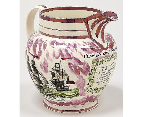 A Sunderland purple lustre jug, 'Garrison' Pottery, c1830, with enamelled prints of the Wear Bridge, ships and verse, inscrib