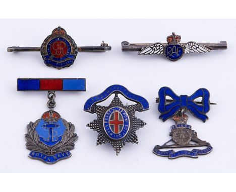 Four silver and enamel military sweetheart brooches and one other (5) 