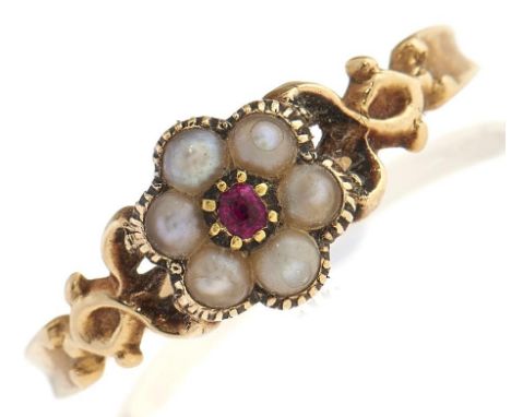 A ruby and split pearl cluster ring, 19th c, in gold, 1.6g, size O½ 