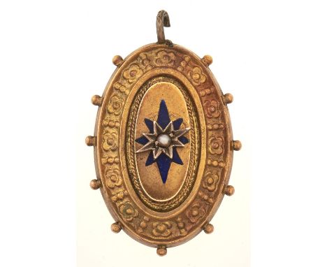 A Victorian split pearl set oval gold and blue enamel pendant, c1870, 1.7g 