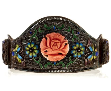 A Chinese coral and silver and cloisonne enamel bangle, early 20th c, applied with shou characters