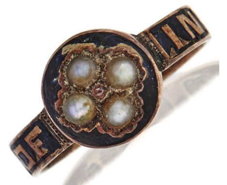 A Victorian split pearl set 9ct gold and enamel mourning ring, engraved Muriel Annie, Chester 1865, 2.1g, size M 