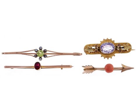 Four peridot, coral and other gem set gold or 9ct gold bar brooches, early 20th c, arrow example 39mm, Birmingham, no date le