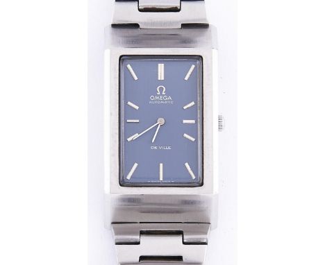 An Omega stainless steel rectangular self-winding wristwatch, Deville, 1970's, with blue dial, maker's bracelet 