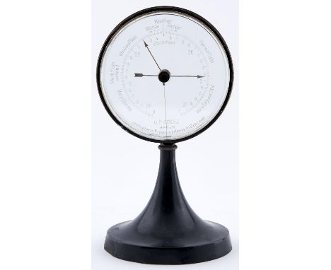 A German double sided glass and black painted metal 'mystery' desk barometer, C P Goerz, Berlin, c1920, 23cm h 