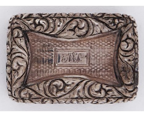 A George IV silver vinaigrette, engine turned within chased borders, leafy engraved foliate grille, 36mm, Birmingham 1828, 16