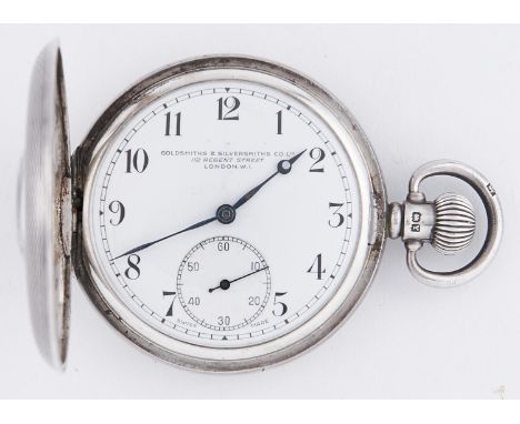 A silver half hunting cased keyless lever watch, the Goldsmith's and Silversmith's Co Limited 112 Regent Street, London W1, e