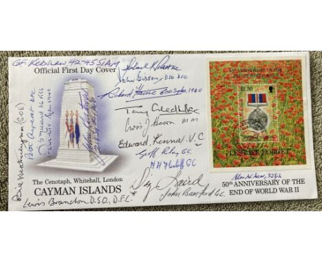 16 WW2 VC GC Aces SOE multiple signed 50th ann WW2  US FDC. Autographs include Lewis Brandon DSO DFC, Bill Weatherley MM SOE,