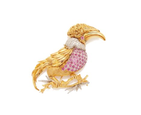 A RUBY AND DIAMOND BIRD BROOCH To be sold with no reserve, from an estate collection of jewellery Naturalistically modelled i