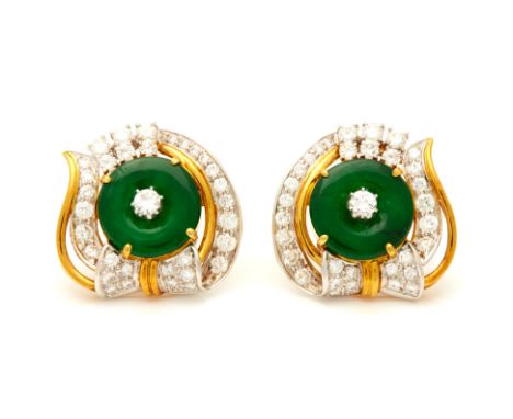 A PAIR OF JADE AND DIAMOND EARRINGS
To be sold with no reserve, from an estate collection of jewellery
The green jade disc, H