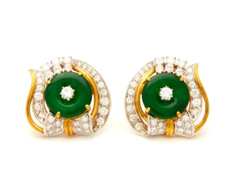 A PAIR OF JADE AND DIAMOND EARRINGS
To be sold with no reserve, from an estate collection of jewellery
The green jade disc, H