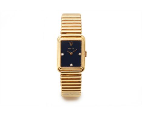 ROLEX LADIES VINTAGE CELLINI GOLD BRACELET WATCH Reference number 4103 The square blue dial with Rolex crown at 12 o'clock an