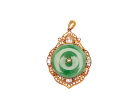 A JADE AND DIAMOND PENDANT
To be sold with no reserve, from an estate collection of jewellery
The green jade disc centred wit