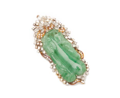 A CARVED JADE AND DIAMOND PENDANT
To be sold with no reserve, from an estate collection of jewellery
The central green jade p