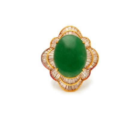 A LARGE JADE AND DIAMOND RING To be sold with no reserve, from an estate collection of jewelleryThe oval jade cabochon within