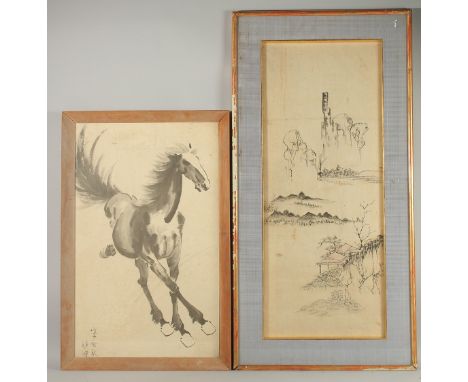 A CHINESE INK PAINTING ON PAPER, depicting a landscape scene, framed and glazed, image 75cm x 30cm, together with a framed pi