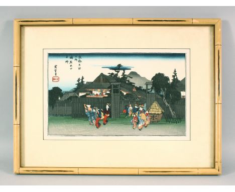 A JAPANESE WOODBLOCK PRINT, depicting figures aside mountains and temples, signed and sealed upper left, 52cm x 40cm.