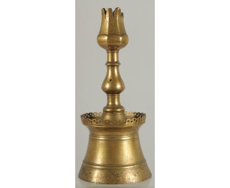 A RARE 16TH-17TH CENTURY OTTOMAN TURKISH BRASS TULIP CANDLESTICK, 23cm high.