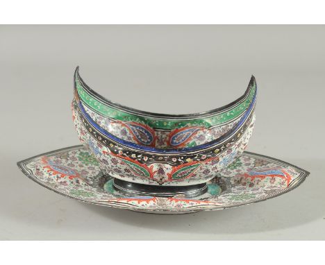 AN INDIAN KASHMIR ENAMEL PAINTED KASHKUL AND TRAY.