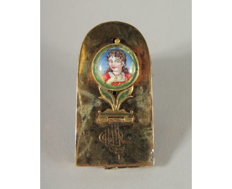 A FINE 19TH CENTURY OTTOMAN ENAMELLED INKWELL WITH ENGRAVED TUGHRA, the lid with a small enamel portrait, 5cm x 2.5cm