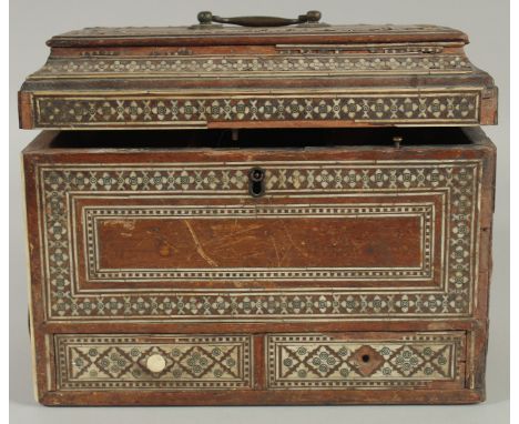 AN 18TH-19TH CENTURY ANGLO INDIAN OR INDO PORTUGUESE BONE INLAID TEA CADDY, (af), 26cm wide.