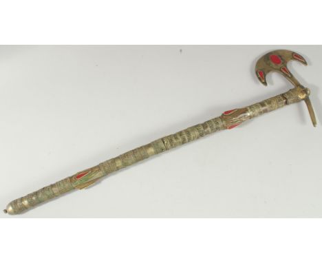 AN UNUSUAL TURKMEN CEREMONIAL AXE, 59cm high.