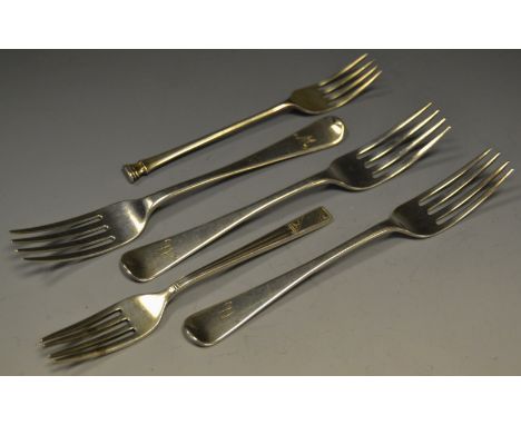 A set of three conforming silver, Hanovarian pattern dessert forks London, dated 1864; a silver seal top fork; etc. weight 13