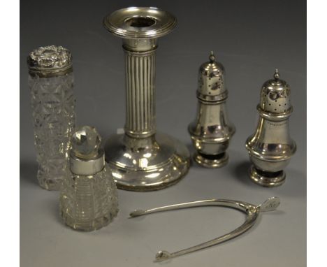 Silver - a LSG ionic column candlestick, weighted, assayed Birmingham, dated ?; a silver condiment set by SB & SL; a pair of 