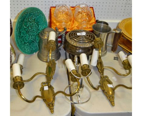 A pair of Diplomat hand cut lead crystal brandy balloons; a silver plated brandy bottle warming stand; an antler hafted pewte