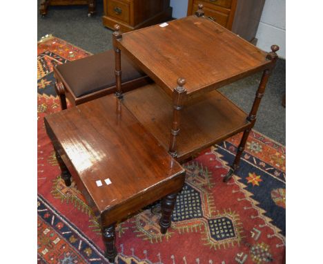 An Edwardian mahogany two tier trolley, dish topped with turned supports; a Victorian mahogany commode; a contemporary adjust