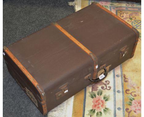 Vintage luggage - a leatherette steam trunk, metal bound wooden runners