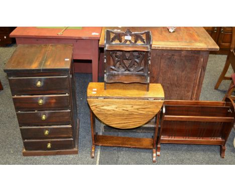 Furniture -  a 1930 oak drop leaf side table; a magazine rack; a 19th century five drawer side chest; an oak wall shelf (4)