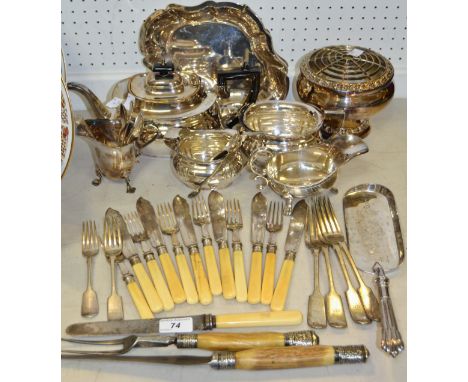 Silver Plate - a four piece A1 tea service; serving slice; cake stand; cutlery; horn hafted carving set etc