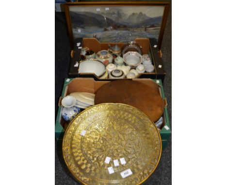 Household Goods - a circular convex mirror, gilt frame; a Persian brass topped occasional table; a framed print; Wedgwood jas