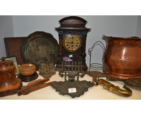 Boxes and Objects - a copper coal bucket; a 19th Century clock; a solitaire board; a treen nutcracker; a silver mounted dress