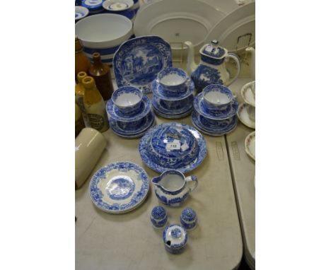 A set of six Copeland Spode Italian pattern teacups, saucers and side plates, a similar muffin dish and cover; other blue and