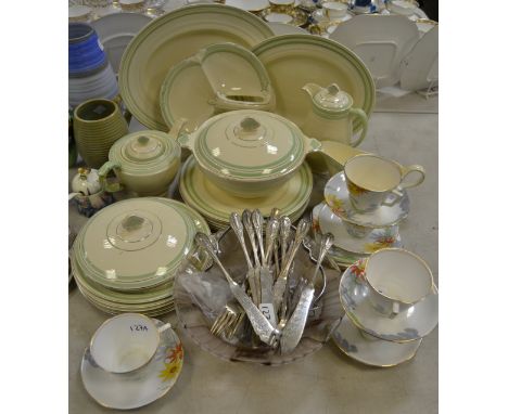 A Newhall Nirvana shape pattern part dinner service; a Bell china part tea service for five; an Art Deco coloured glass bowl;