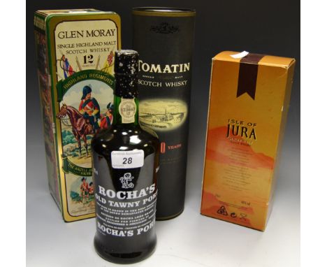 Wines and Spirits - Rochas Old Tawney port, sealed ,good level of fill, Tomatin Scotch whisky, boxed: Glen Moray 12 year old 