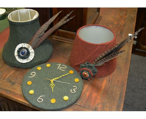 Interior Design - a bespoke tweed lamp shade; another; a tweed wall clock (3)