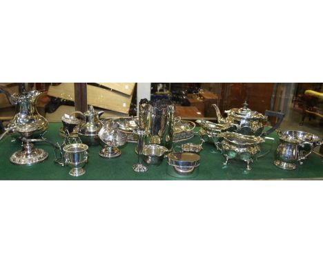 Silver plated ware - an unusual Walker & Hall three piece boat shaped tea service, panelled with roundels, leafy pad feet, an