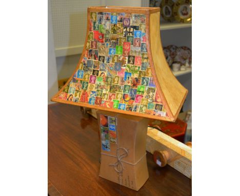 Interior Design - a contemporary lamp shade formed as a parcel; a bespoke shade with lacquered stamps (2)