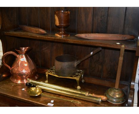 A 19th Century Swain No 5, 4 pint cast saucepan; an early 19th Century brass ladle; a 19th Century copper ewer stamped three 