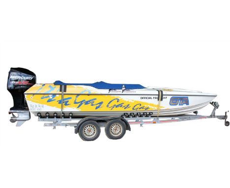 A Phantom 23ft powerboat, with logos for 'Vulture Ventures' and 'Its a Gas, Gas, Gas' with a Mercury Pro XS 250 outboard engi