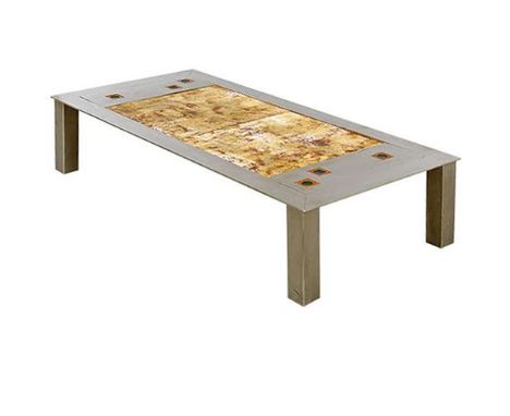 A French stainless steel and ceramic coffee table, 1970s, 124cm wide 59cm deep 26cm high